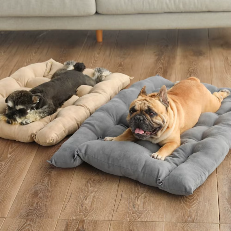 Discover the SnuggleFlex™ 3-in-1 Convertible Dog Bed – a stylish, multifunctional haven offering nest, sofa, and mattress configurations in grey, blue, or brown. Perfect comfort for your furry friend! blue variants laying
