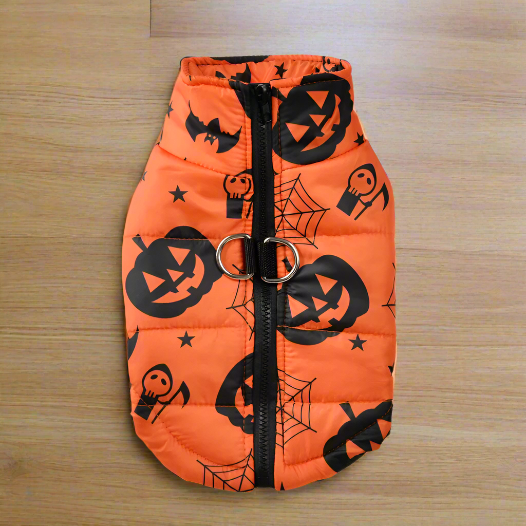Orange dog vest with black Halloween patterns on a white background