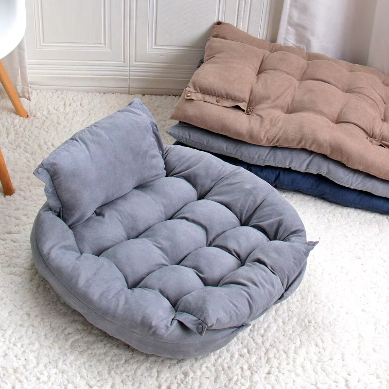Discover the SnuggleFlex™ 3-in-1 Convertible Dog Bed – a stylish, multifunctional haven offering nest, sofa, and mattress configurations in grey, blue, or brown. Perfect comfort for your furry friend! beige variant grey and 3 laying on top of eachother