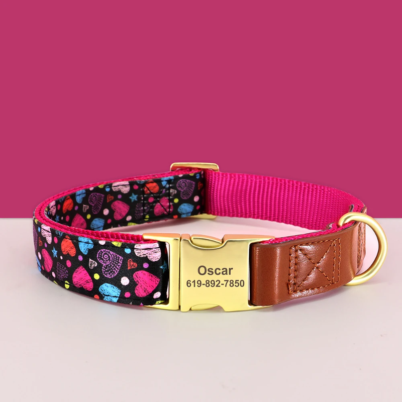 Dog collar with colorful heart pattern, pink ribbon, and gold nameplate on a pink background