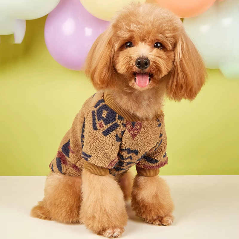Wrap your small dog in style and comfort with our Cozy Chic Woolen Sweater. Perfect for Chihuahuas, Schnauzers, and puppies, this fleece pullover is a must-have for cooler weather walks. brown 22