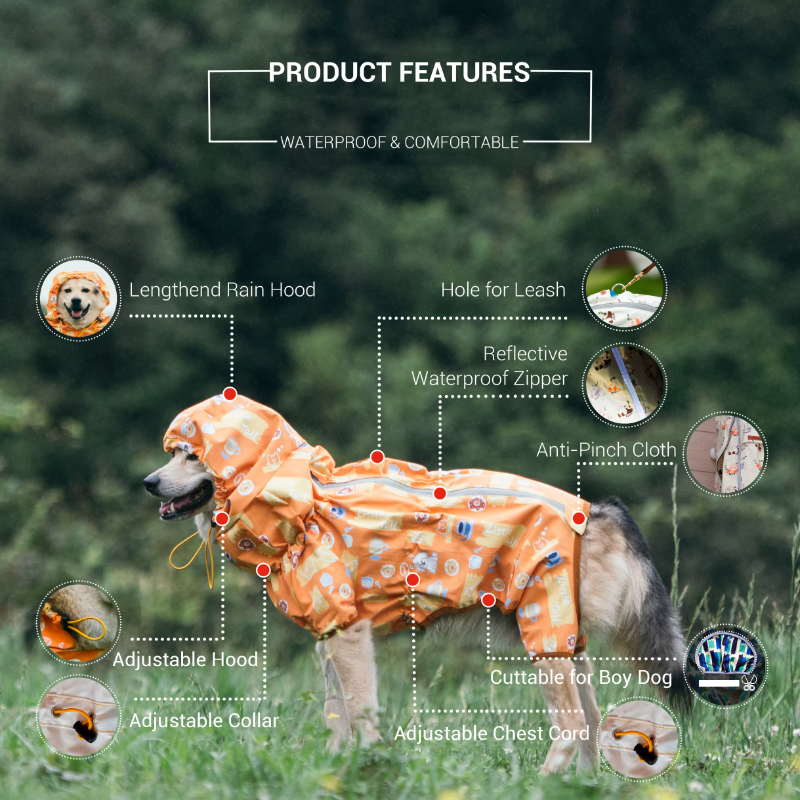 Protect your dog from rain and mud with the Ultimate Full-Body Waterproof Dog Raincoat. Complete coverage, adjustable fit, and reflective safety features for all-weather walks! orange 1