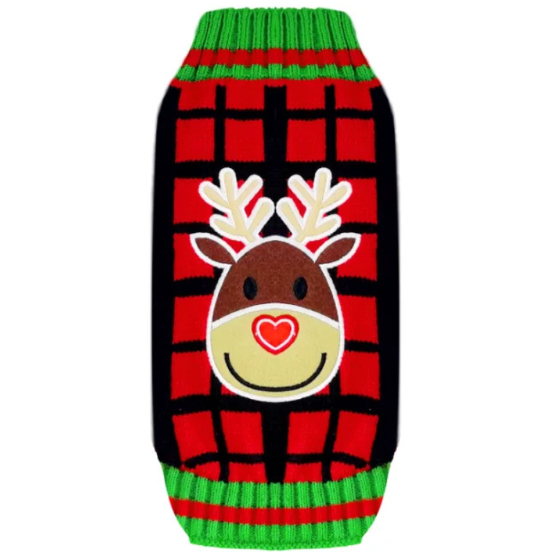 Checkered Deer Holiday Pup Sweater – Warm Christmas Knit for Dogs
