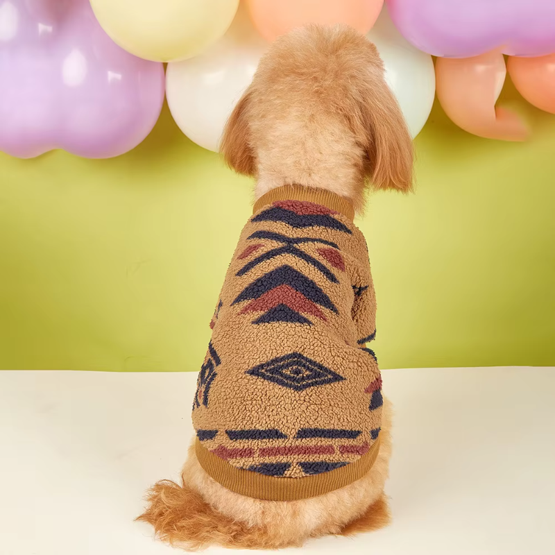 Wrap your small dog in style and comfort with our Cozy Chic Woolen Sweater. Perfect for Chihuahuas, Schnauzers, and puppies, this fleece pullover is a must-have for cooler weather walks. brown4
