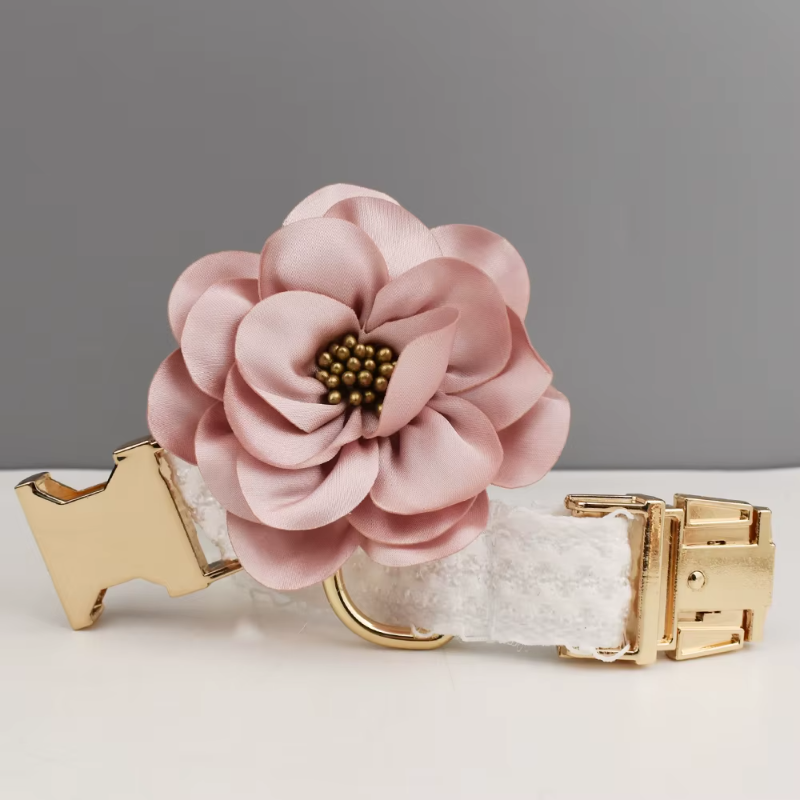 Coleira elegante de renda branca personalizada para cães com placa de identificação gravada personalizada