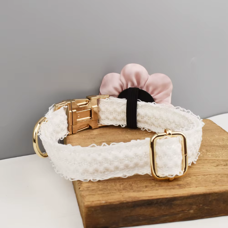 Coleira elegante de renda branca personalizada para cães com placa de identificação gravada personalizada