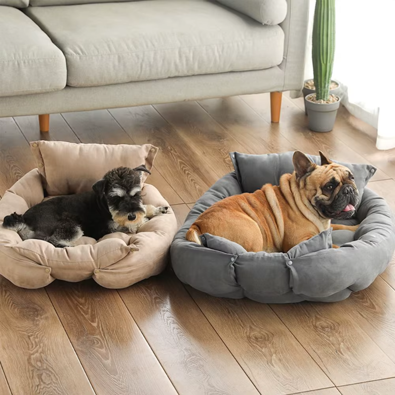 Discover the SnuggleFlex™ 3-in-1 Convertible Dog Bed – a stylish, multifunctional haven offering nest, sofa, and mattress configurations in grey, blue, or brown. Perfect comfort for your furry friend! beige with 2 dog models beige and grey