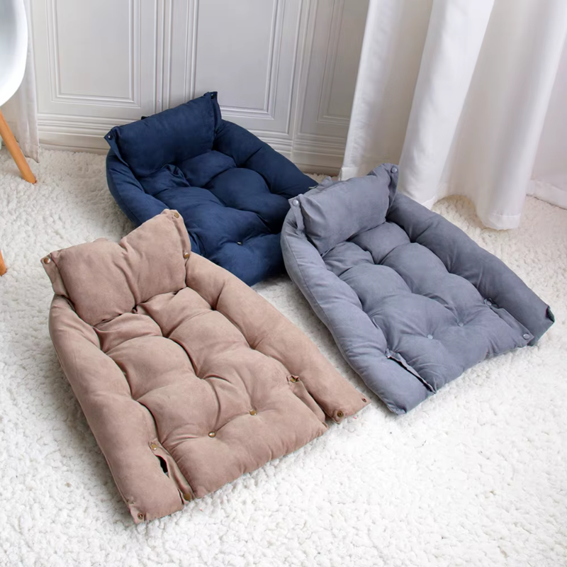 Discover the SnuggleFlex™ 3-in-1 Convertible Dog Bed – a stylish, multifunctional haven offering nest, sofa, and mattress configurations in grey, blue, or brown. Perfect comfort for your furry friend! beige variatne 3 loungers