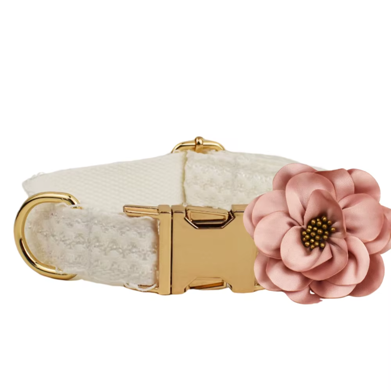 Coleira elegante de renda branca personalizada para cães com placa de identificação gravada personalizada