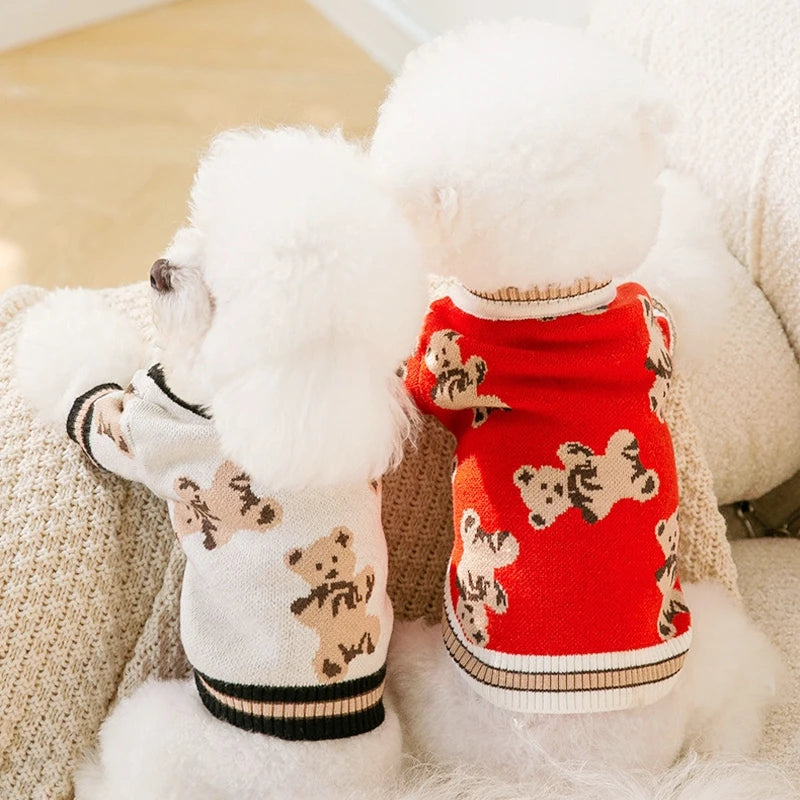 Cardigan Teddy Snuggle – Suéter de malha listrado com estampa de urso para pequenos animais de estimação
