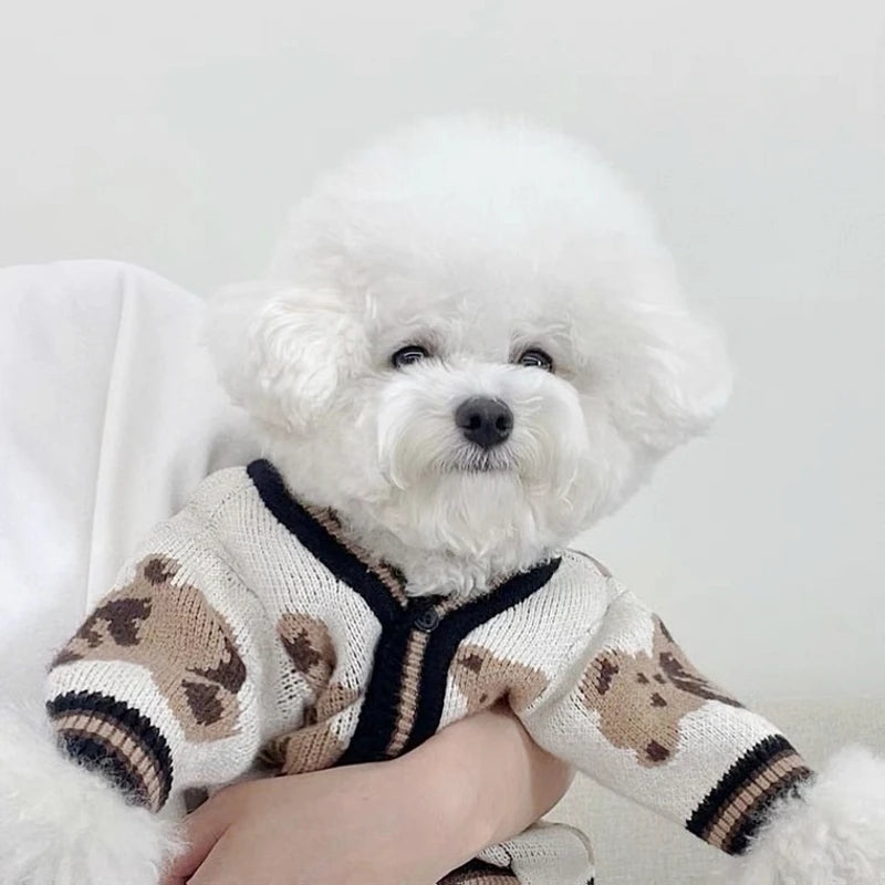Cardigan Teddy Snuggle – Suéter de malha listrado com estampa de urso para pequenos animais de estimação