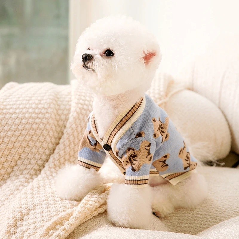 Cardigan Blue Bear Hug – Suéter listrado de malha para cães pequenos