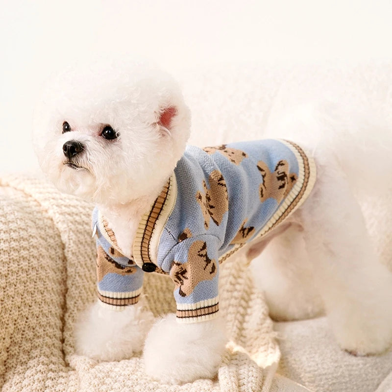 Cardigan Blue Bear Hug – Suéter listrado de malha para cães pequenos