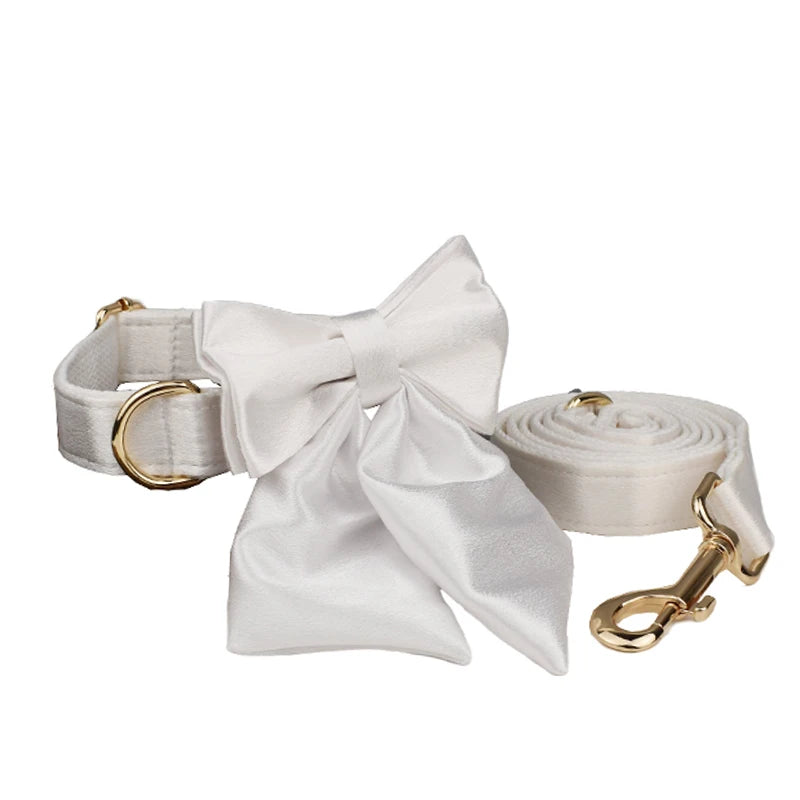 Conjunto de coleira, guia, peitoral e laço brancos personalizados chiques para cães