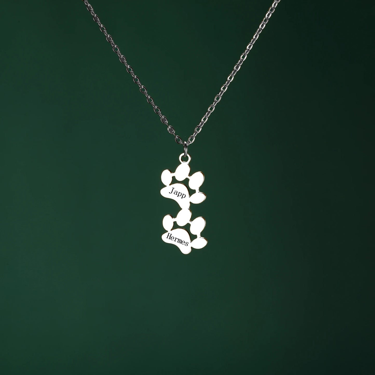custom engraved necklace with dog paws to customize with your dog name silver paw 2