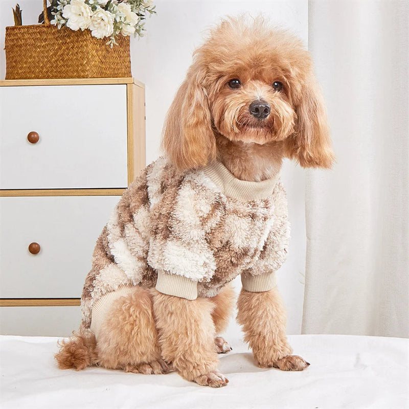 Wrap your small dog in style and comfort with our Cozy Chic Woolen Sweater. Perfect for Chihuahuas, Schnauzers, and puppies, this fleece pullover is a must-have for cooler weather walks. lightbrown 2