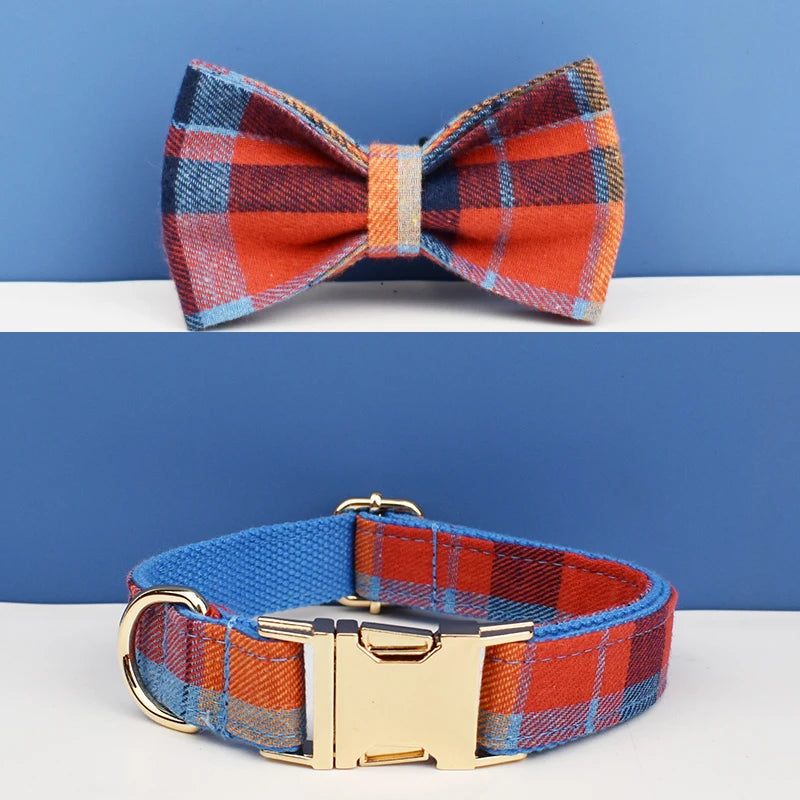Add timeless elegance to your dog’s look with the Luxury Plaid Bow Tie Collar Collection. Premium quality, stylish plaid patterns, and detachable bow ties for versatile charm. blue red plaid collar and bow tie on top