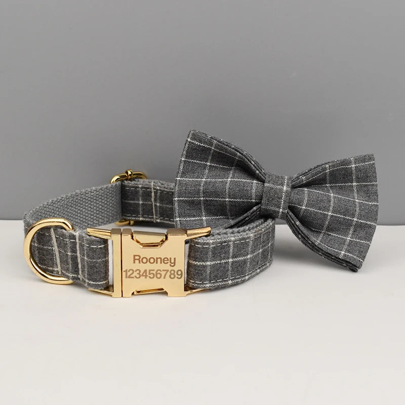 Conjunto de coleira, guia, peitoral, suporte para saco de cocô e laço para cachorro personalizado em cinza - Edição Designer