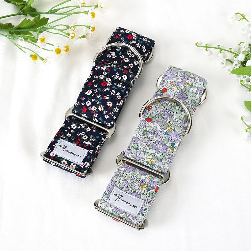 Showcase your dog's elegance with the Italian Motif Dog Collar. Crafted for Italian Greyhounds and Whippets, this premium cotton collar blends comfort and sophistication. purple flowers 2 flat on table
