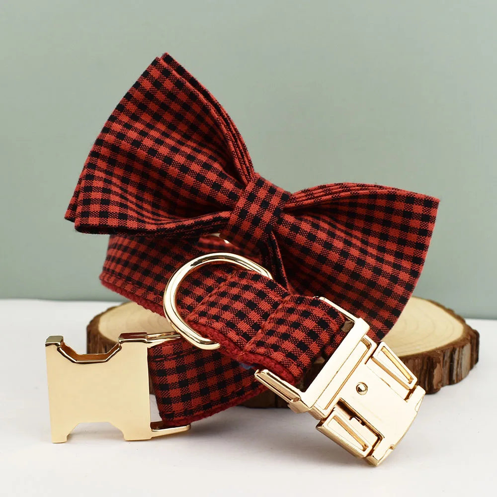 Add timeless elegance to your dog’s look with the Luxury Plaid Bow Tie Collar Collection. Premium quality, stylish plaid patterns, and detachable bow ties for versatile charm. dark red plaid-ish style bow and collar crossed