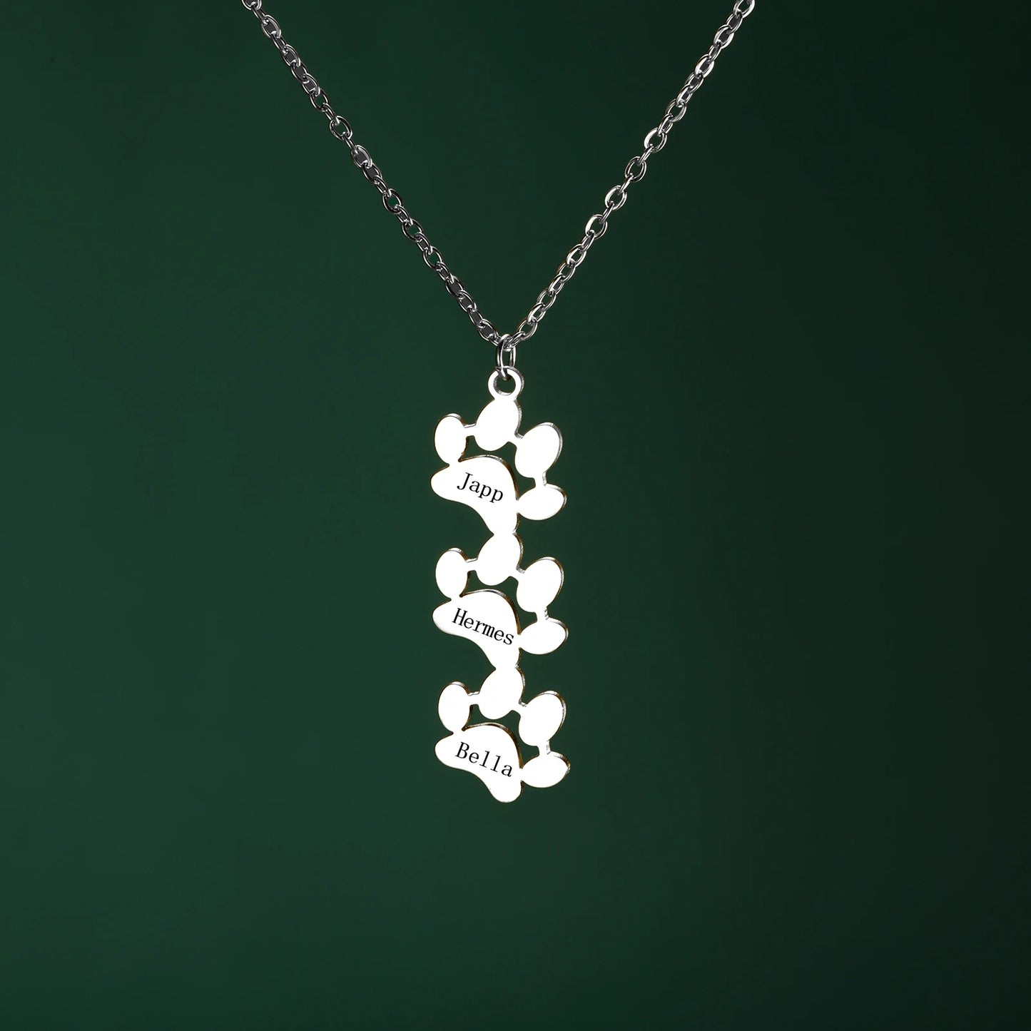 custom engraved necklace with dog paws to customize with your dog name 3 silver paw