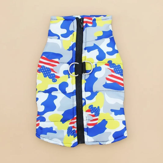 Keep your large dog protected with our All-Weather Outdoor Jacket. Waterproof, durable, and secure, it’s perfect for Doberman Pinschers, Golden Retrievers, and more. camo blue color with yellow