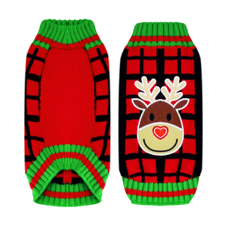 Checkered Deer Holiday Pup Sweater – Warm Christmas Knit for Dogs