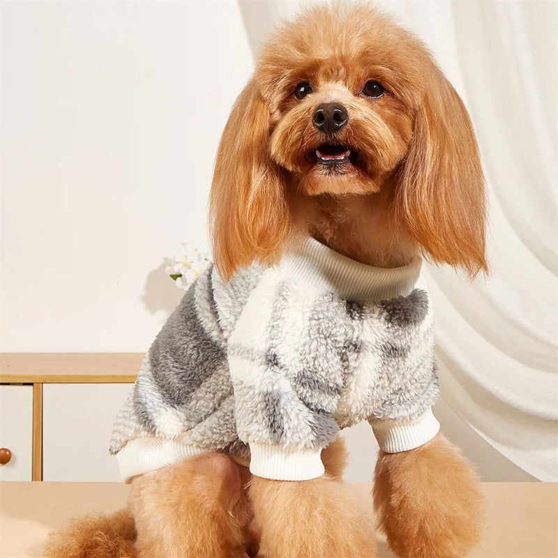 Wrap your small dog in style and comfort with our Cozy Chic Woolen Sweater. Perfect for Chihuahuas, Schnauzers, and puppies, this fleece pullover is a must-have for cooler weather walks. Plaid White 3