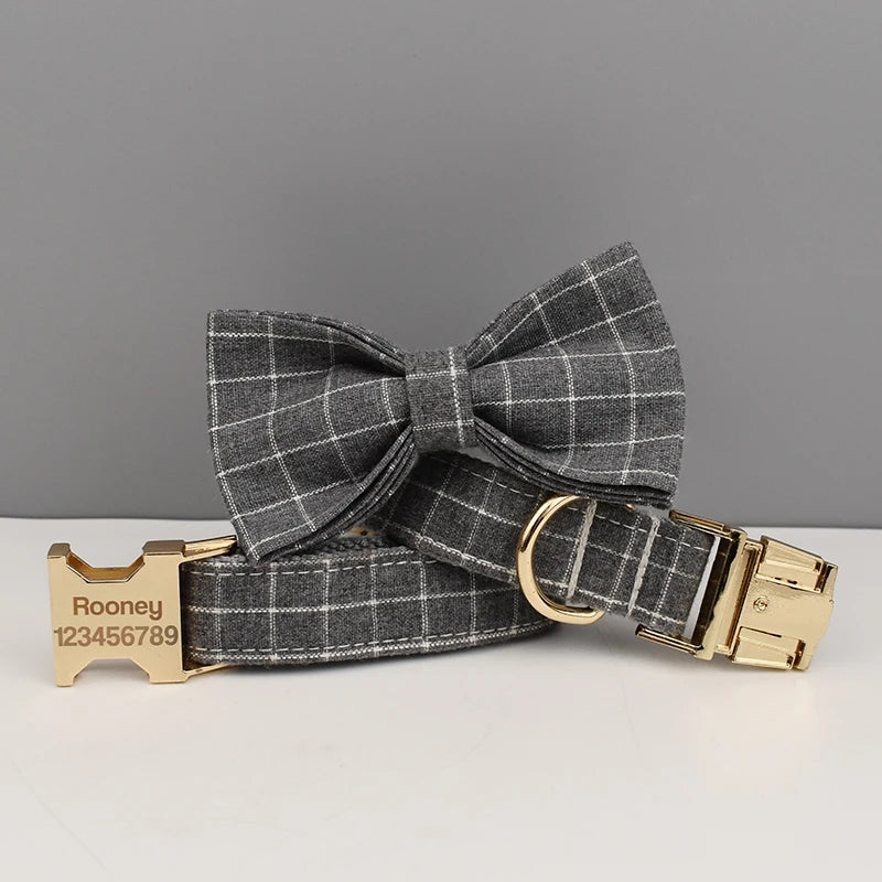 Conjunto de coleira, guia, peitoral, suporte para saco de cocô e laço para cachorro personalizado em cinza - Edição Designer