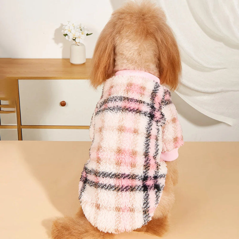 Wrap your small dog in style and comfort with our Cozy Chic Woolen Sweater. Perfect for Chihuahuas, Schnauzers, and puppies, this fleece pullover is a must-have for cooler weather walks. Plaid Pink back view