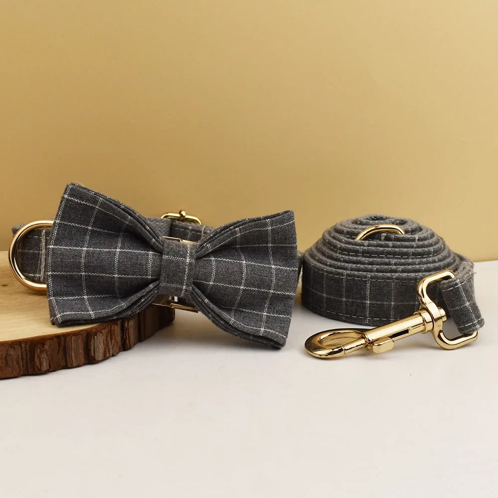 Add timeless elegance to your dog’s look with the Luxury Plaid Bow Tie Collar Collection. Premium quality, stylish plaid patterns, and detachable bow ties for versatile charm. grey plaid bow and leash