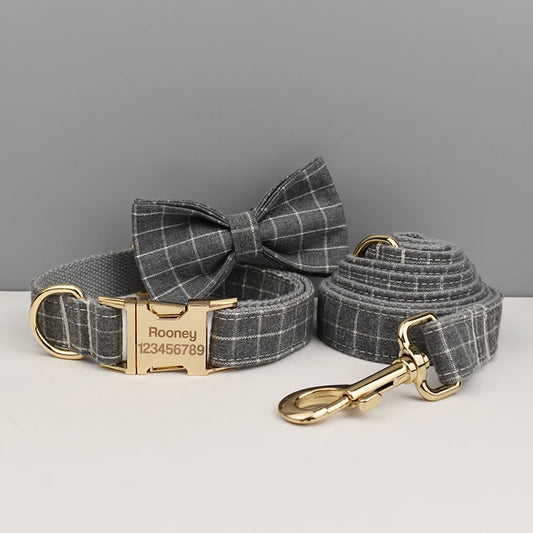 Add timeless elegance to your dog’s look with the Luxury Plaid Bow Tie Collar Collection. Premium quality, stylish plaid patterns, and detachable bow ties for versatile charm. grey plaid engraved display