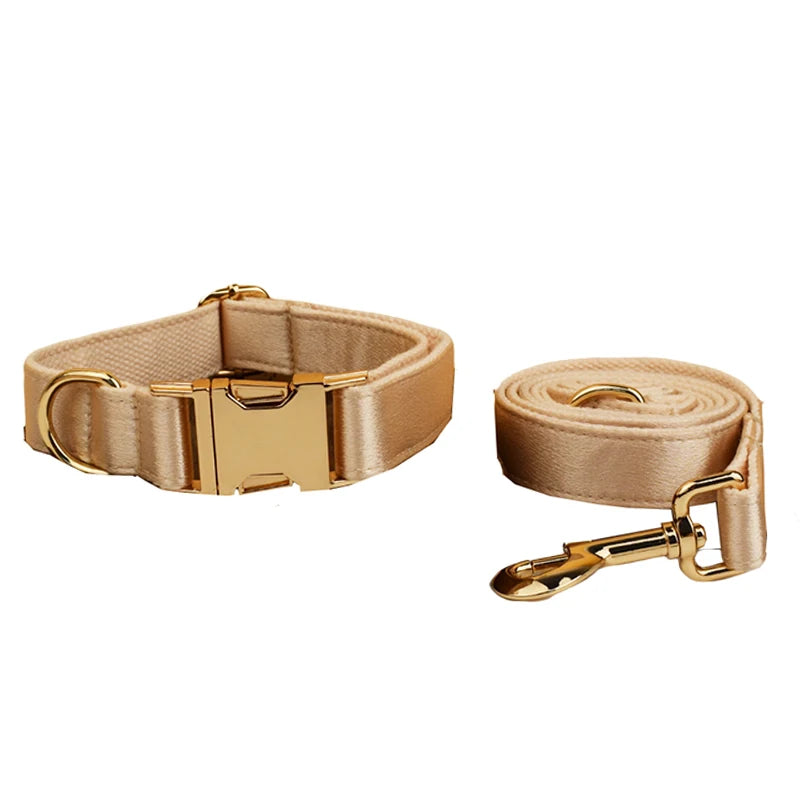 Pamper your pup with the Golden Luxe Silky Dog Set. Personalized bow, collar, leash, and harness in luxurious gold for an elegant, custom look. collar and leash