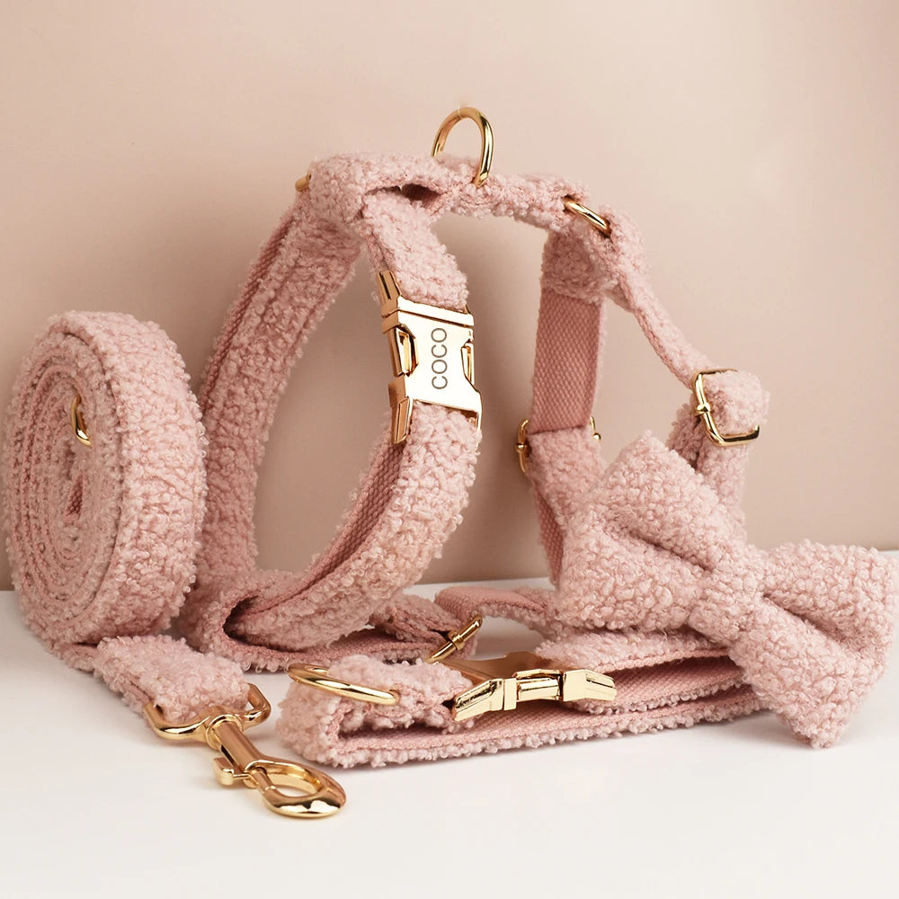 Pink Teddy Personalized Dog Bow, Collar, Leash & Harness Set