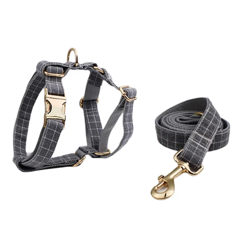 Conjunto de coleira, guia, peitoral, suporte para saco de cocô e laço para cachorro personalizado em cinza - Edição Designer