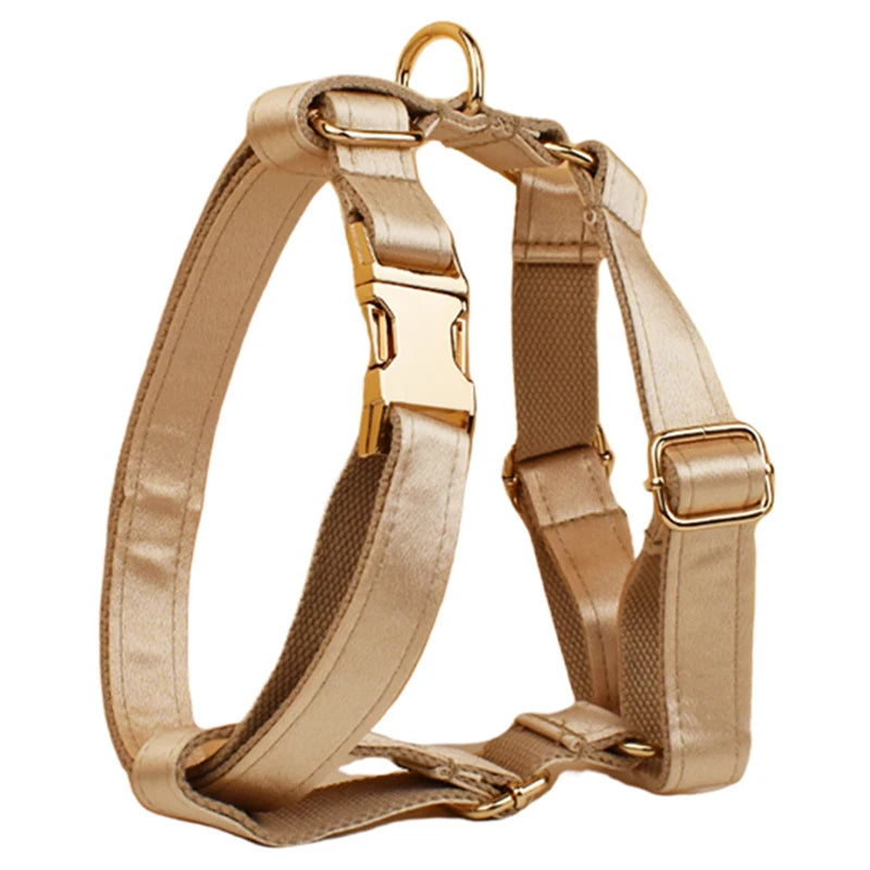 Pamper your pup with the Golden Luxe Silky Dog Set. Personalized bow, collar, leash, and harness in luxurious gold for an elegant, custom look. harness gold