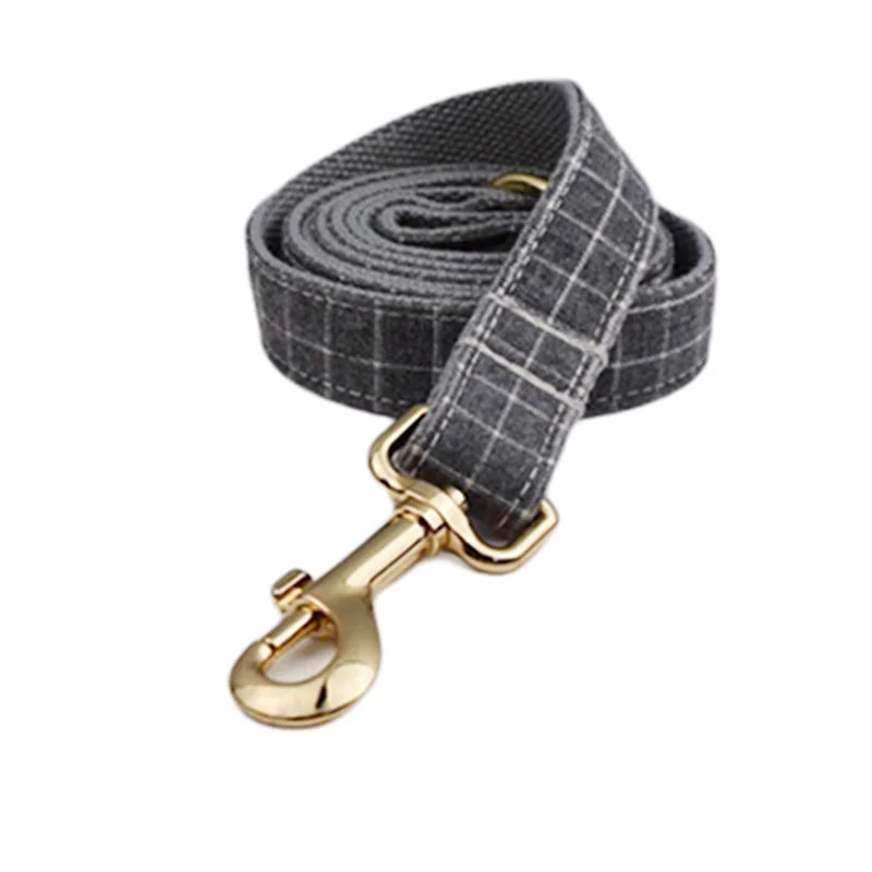 Conjunto de coleira, guia, peitoral, suporte para saco de cocô e laço para cachorro personalizado em cinza - Edição Designer
