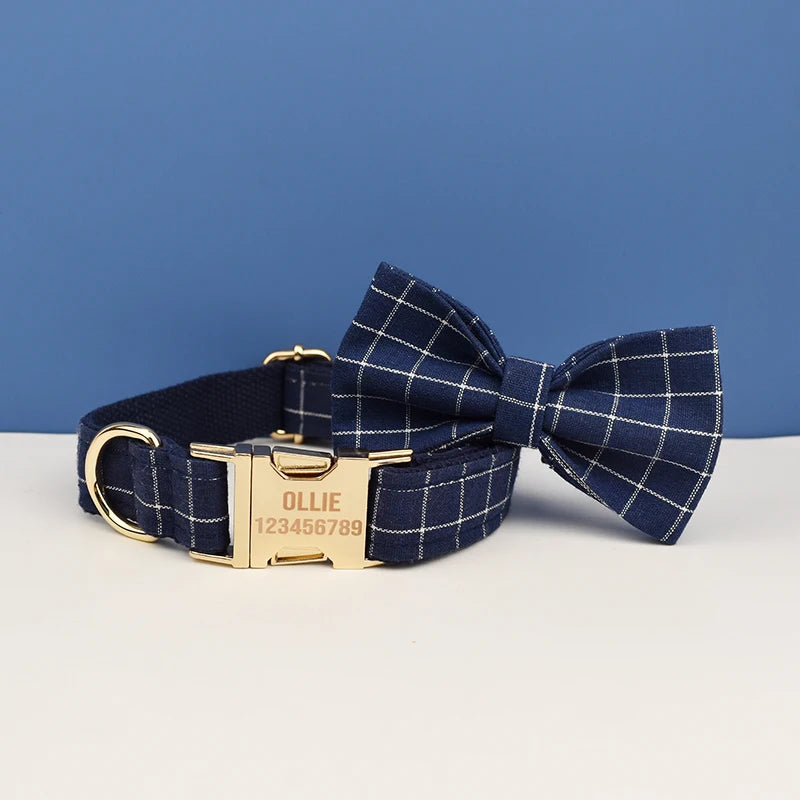 Add timeless elegance to your dog’s look with the Luxury Plaid Bow Tie Collar Collection. Premium quality, stylish plaid patterns, and detachable bow ties for versatile charm. blue plaid bow to the right collar down