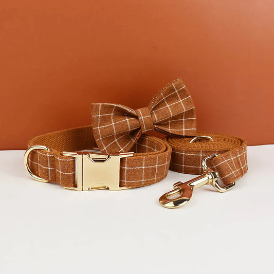 Add timeless elegance to your dog’s look with the Luxury Plaid Bow Tie Collar Collection. Premium quality, stylish plaid patterns, and detachable bow ties for versatile charm. brown