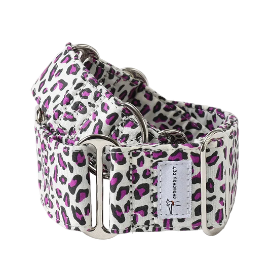 Showcase your dog's elegance with the Italian Motif Dog Collar. Crafted for Italian Greyhounds and Whippets, this premium cotton collar blends comfort and sophistication. purple spot leopard print