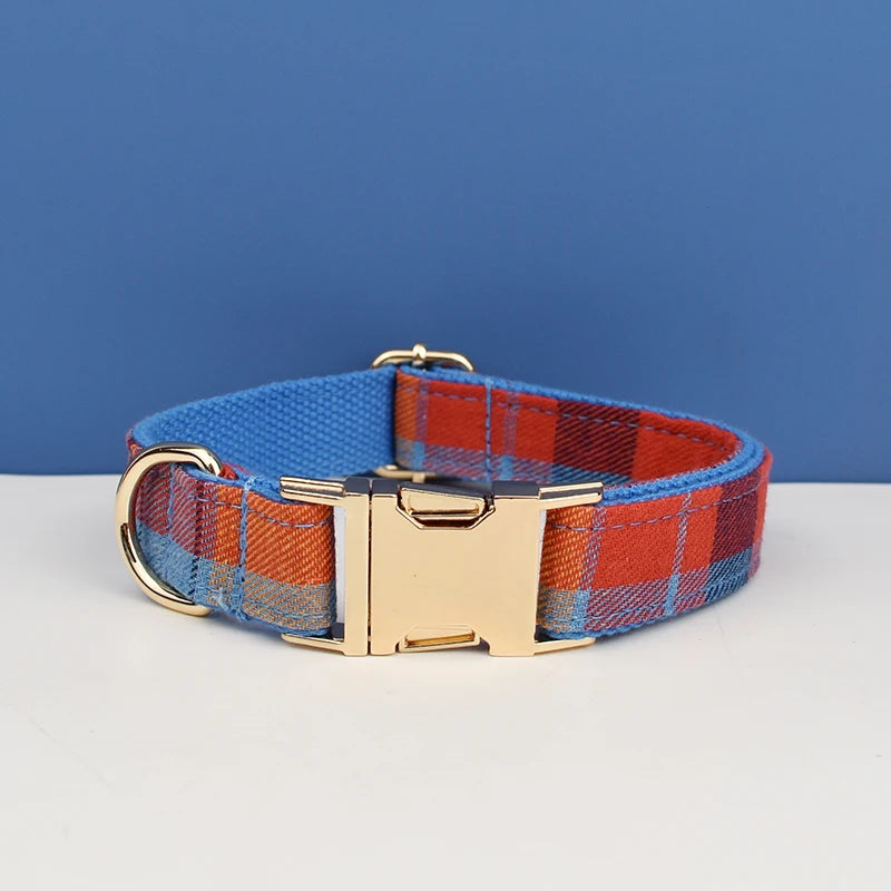 Add timeless elegance to your dog’s look with the Luxury Plaid Bow Tie Collar Collection. Premium quality, stylish plaid patterns, and detachable bow ties for versatile charm. blue red plaid collar empty engraved section