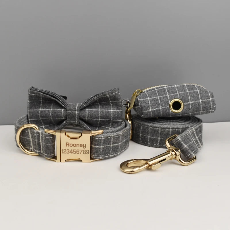 Conjunto de coleira, guia, peitoral, suporte para saco de cocô e laço para cachorro personalizado em cinza - Edição Designer