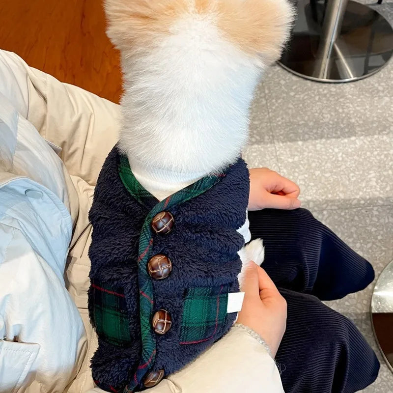Cardigan de malha aconchegante para cães, azul, para as festas de fim de ano.