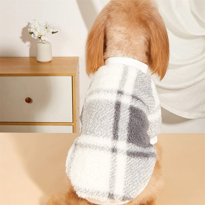 Wrap your small dog in style and comfort with our Cozy Chic Woolen Sweater. Perfect for Chihuahuas, Schnauzers, and puppies, this fleece pullover is a must-have for cooler weather walks. Plaid White back