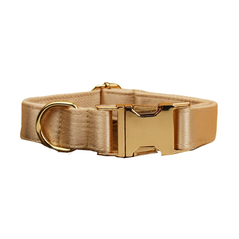 Pamper your pup with the Golden Luxe Silky Dog Set. Personalized bow, collar, leash, and harness in luxurious gold for an elegant, custom look. collar gold