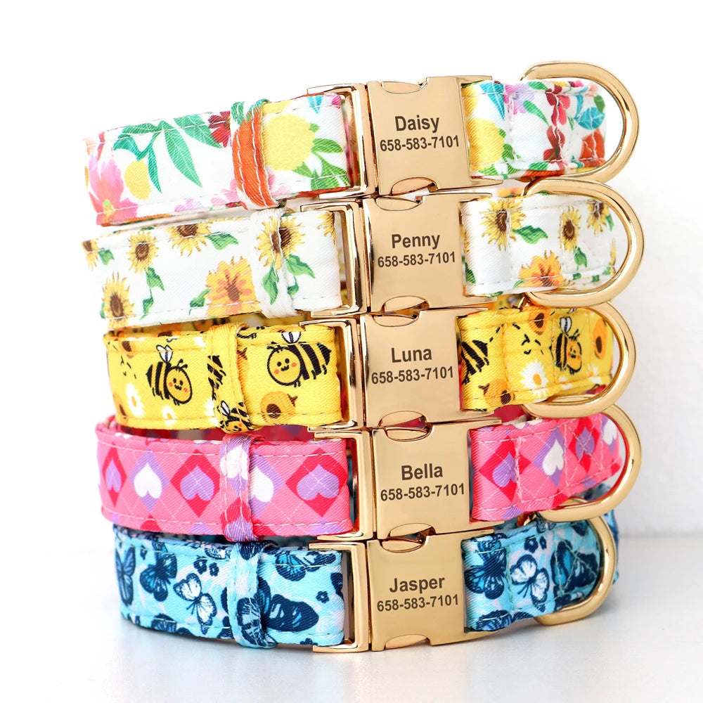 Floral White Background Personalized Dog Collar β Custom Nylon Collar with Engraved ID Tag for Small to Large Dogs