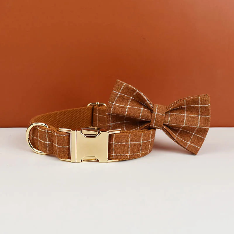 Add timeless elegance to your dog’s look with the Luxury Plaid Bow Tie Collar Collection. Premium quality, stylish plaid patterns, and detachable bow ties for versatile charm. brown bow and collar