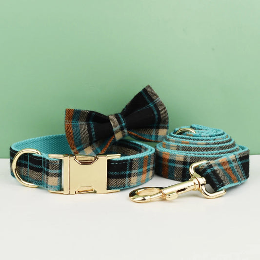 Add timeless elegance to your dog’s look with the Luxury Plaid Bow Tie Collar Collection. Premium quality, stylish plaid patterns, and detachable bow ties for versatile charm. dark blue with shade of orange brown plaid