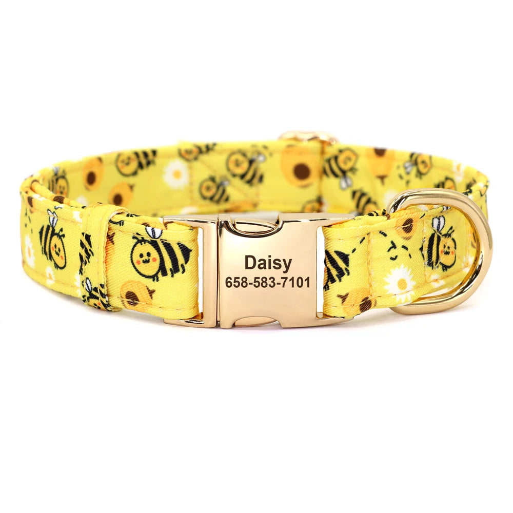 Yellow Bees Personalized Dog Collar β Custom Nylon Collar with Engraved ID Tag for Small to Large Dogs