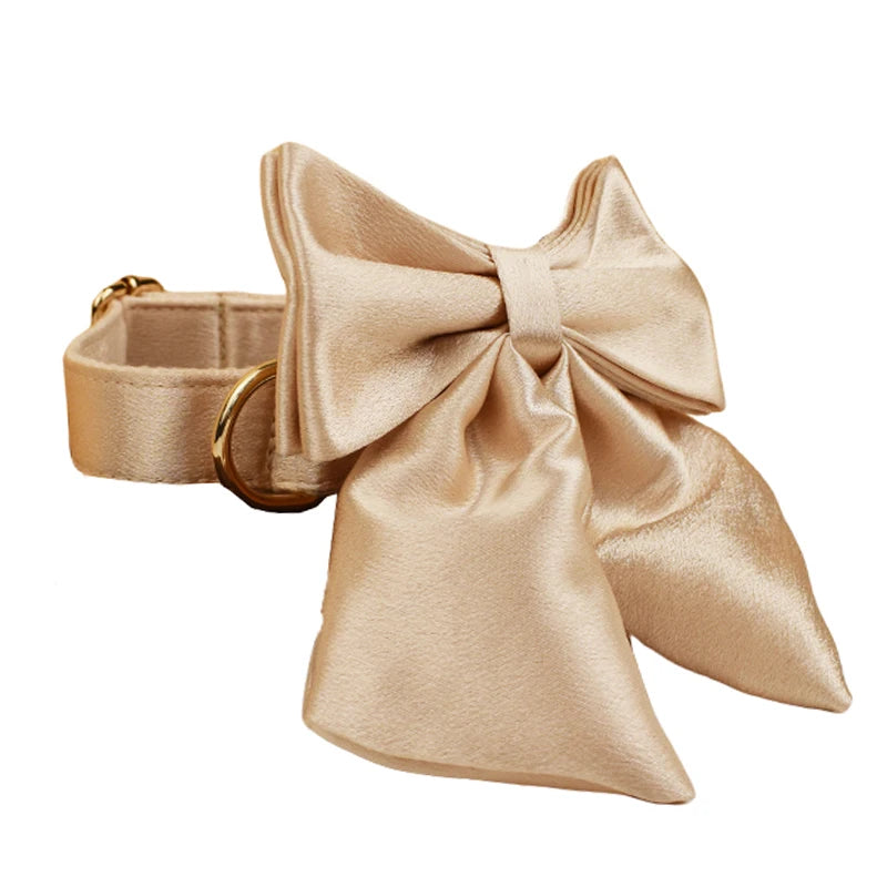 Pamper your pup with the Golden Luxe Silky Dog Set. Personalized bow, collar, leash, and harness in luxurious gold for an elegant, custom look. gold bow collar